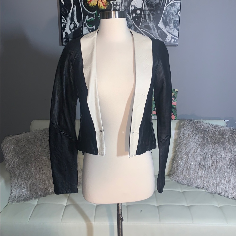 Soft Leather Black and Cream Open Front Jacket